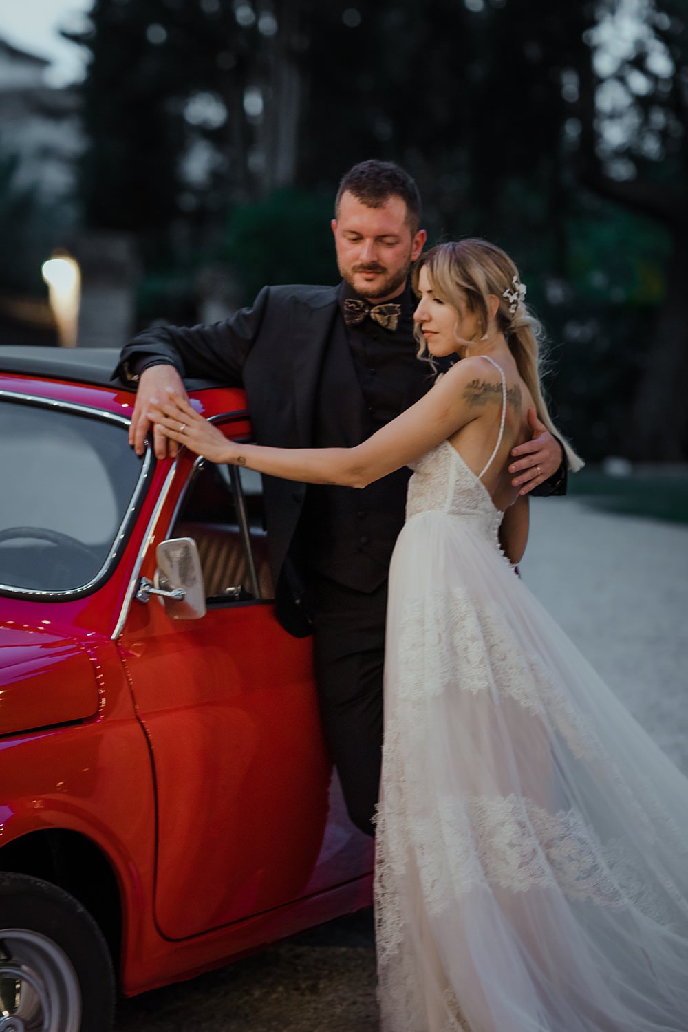 Red Fiat 500 Car Transport Anthurium Wedding Flowers Francesca Francesca