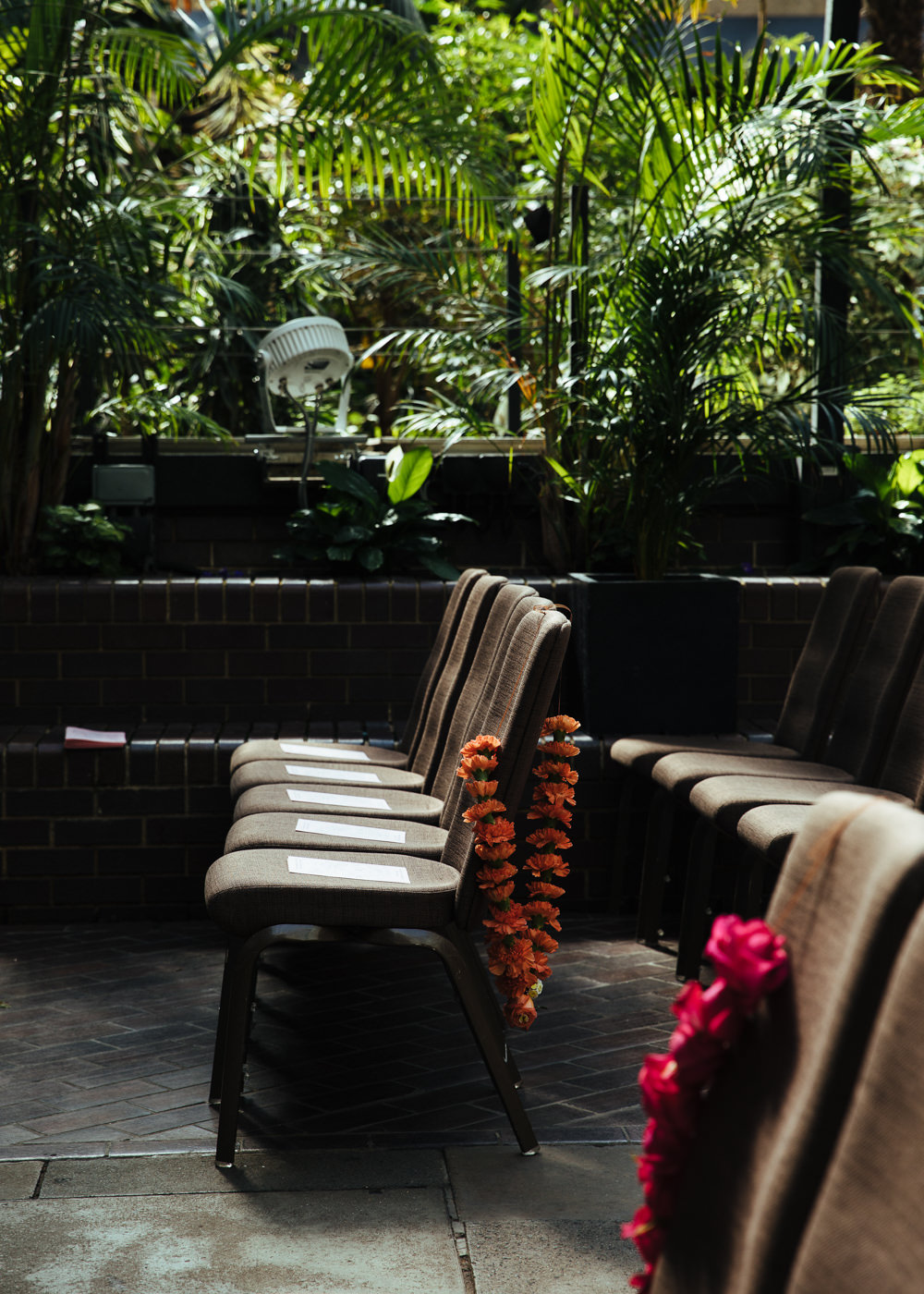Barbican Conservatory Wedding Lyndsey Goddard Chair Flowers Pew End