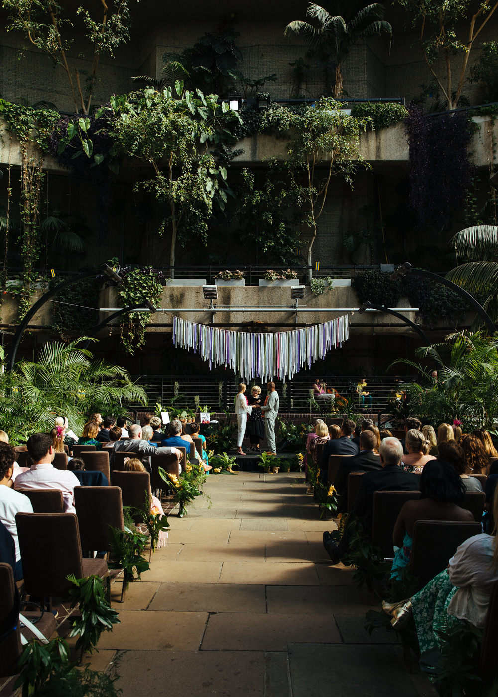 Tassel Bunting Backdrop Ceremony Barbican Conservatory Wedding Lyndsey Goddard