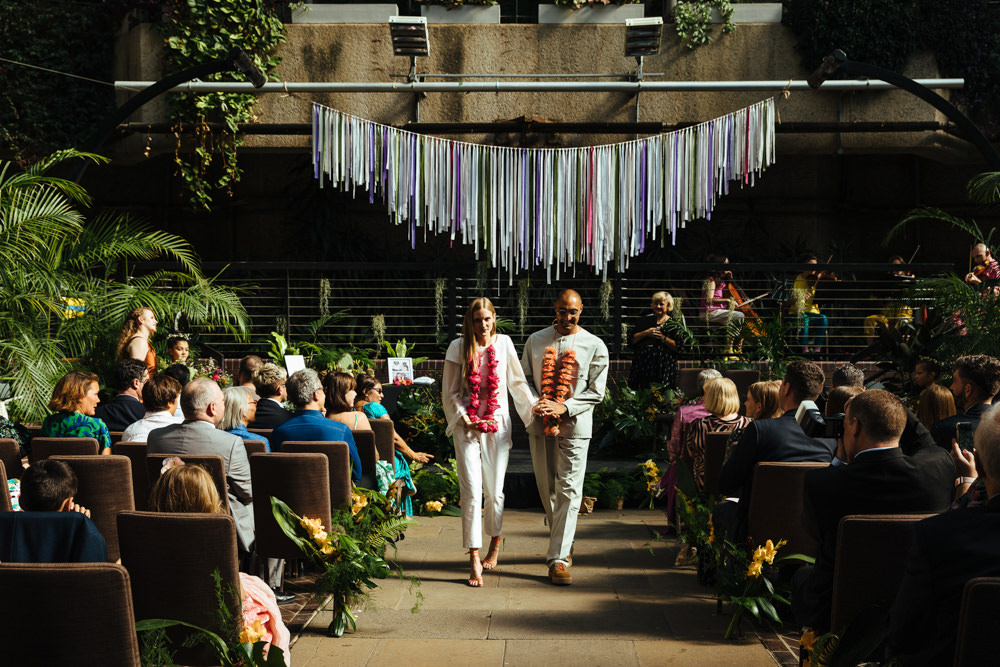 Tassel Bunting Backdrop Ceremony Barbican Conservatory Wedding Lyndsey Goddard