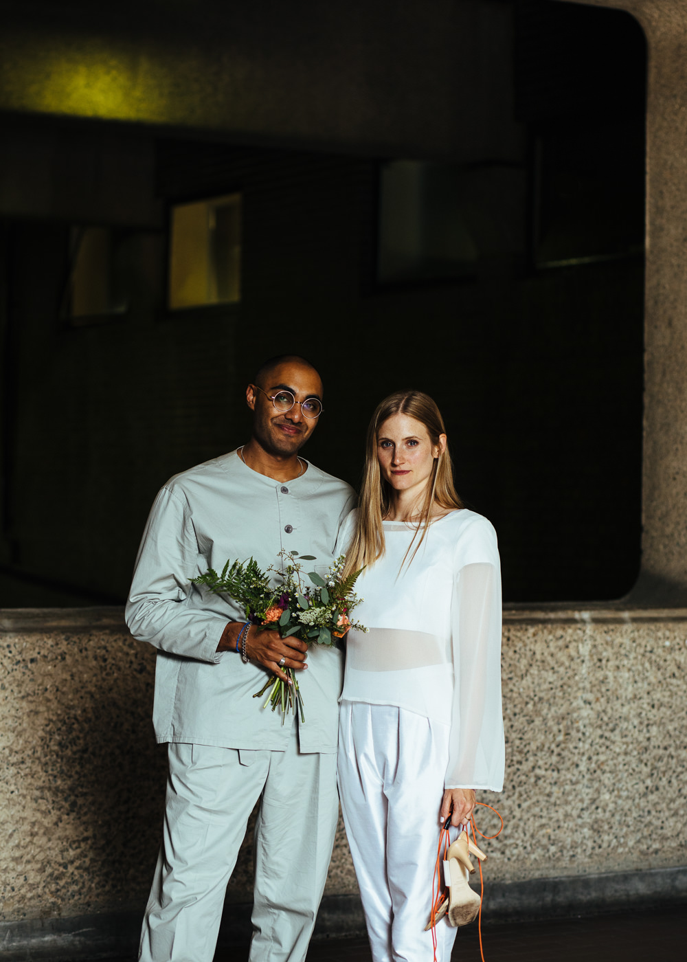 Jumpsuit Trouser Suit Bride Grandad Collar Jacket Groom Barbican Conservatory Wedding Lyndsey Goddard