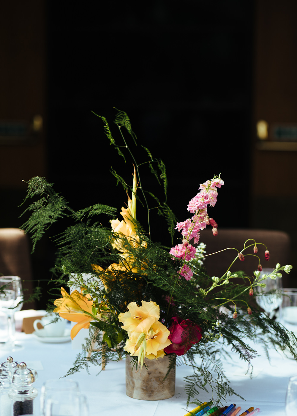 Centrepiece Flowers Pink Yellow Barbican Conservatory Wedding Lyndsey Goddard