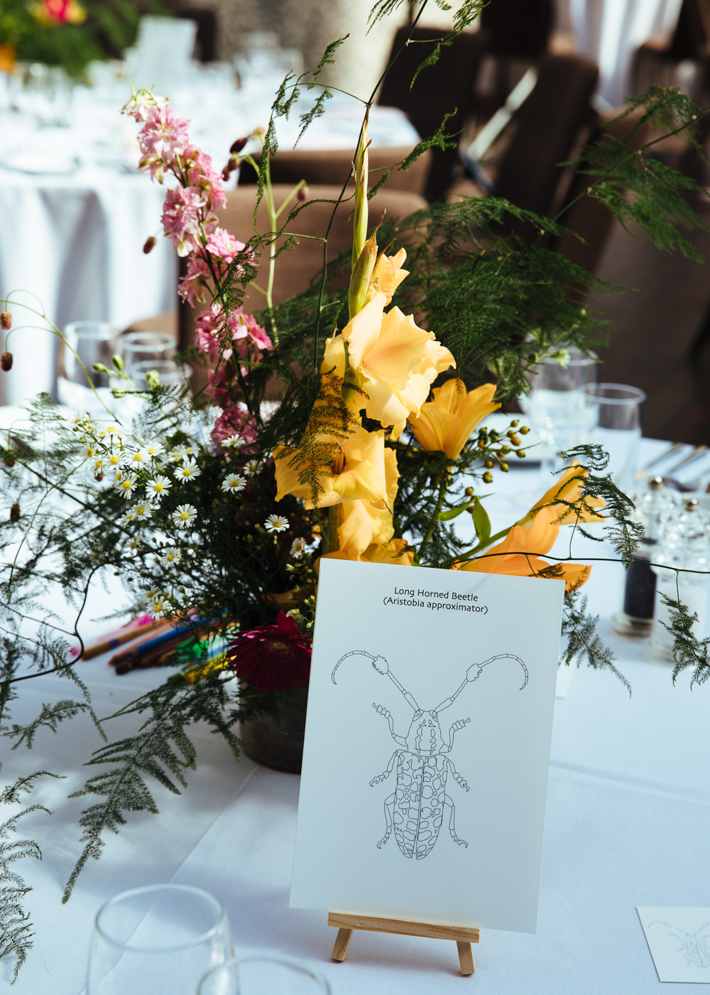 Centrepiece Flowers Pink Yellow Bug Table Name Barbican Conservatory Wedding Lyndsey Goddard