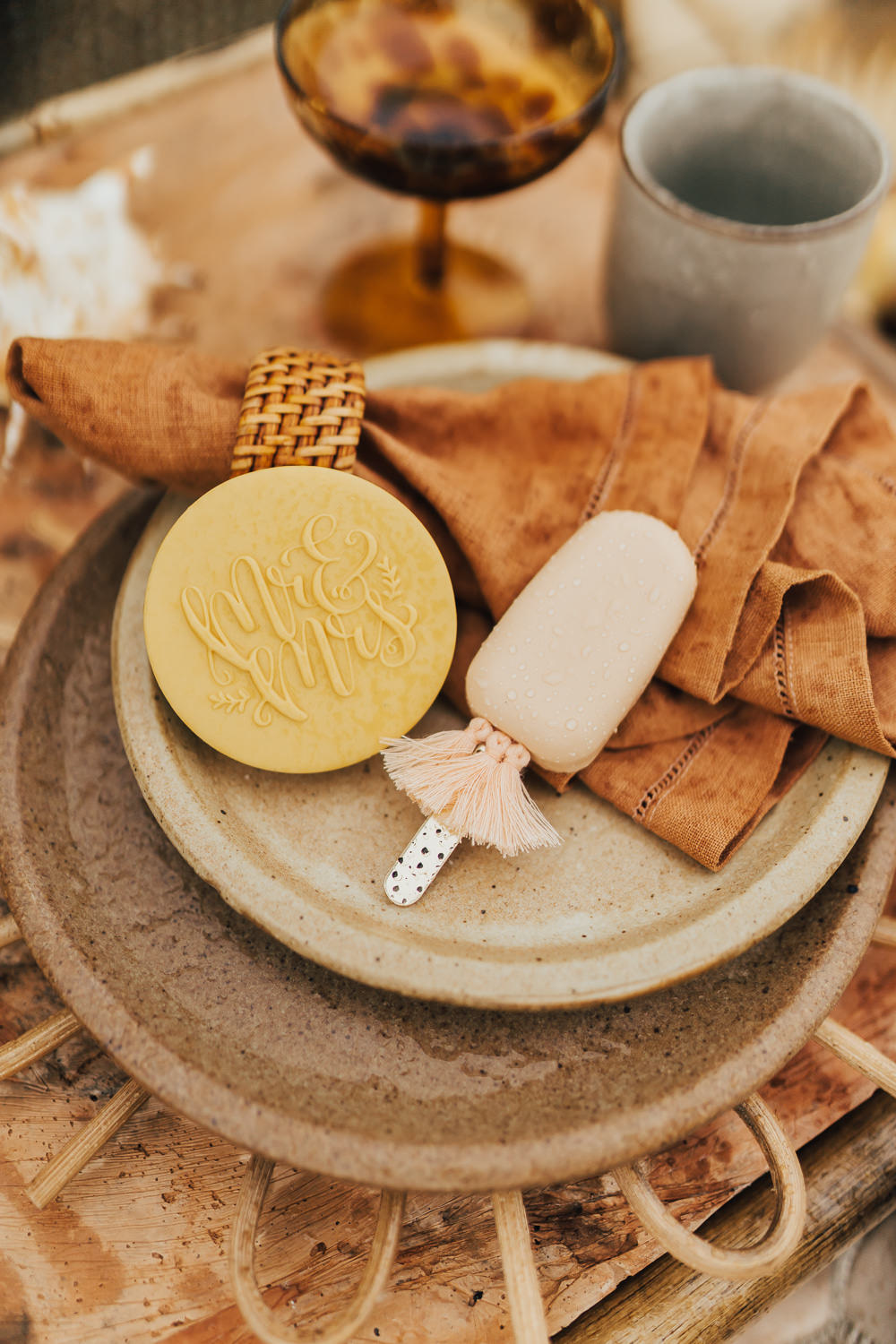 Biscuits Printed Cookies Place Setting Decor Favour Boho Beach Elopement Rebecca Carpenter Photography