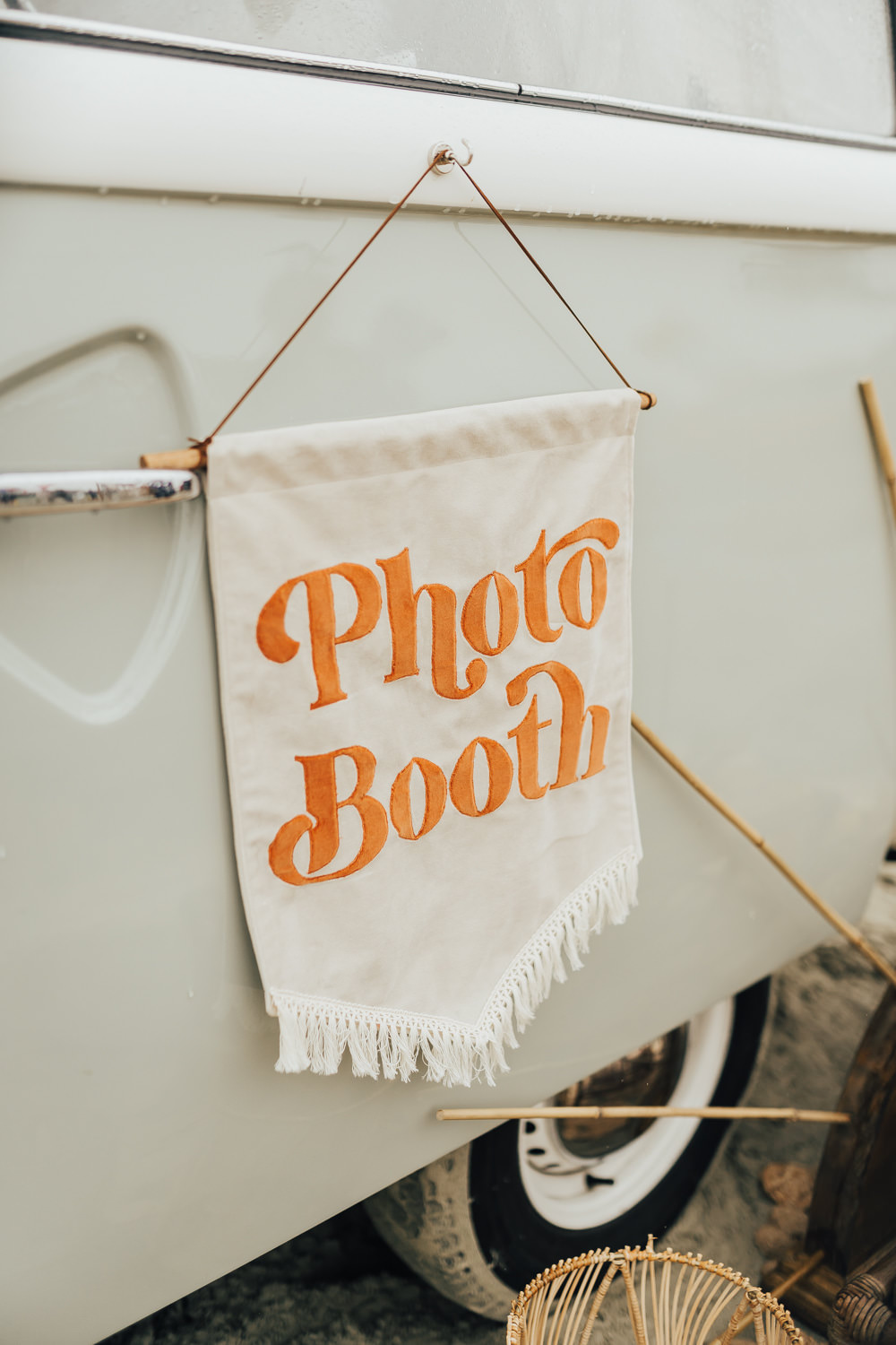 Photobooth Set Up Decor Banner Boho Beach Elopement Rebecca Carpenter Photography