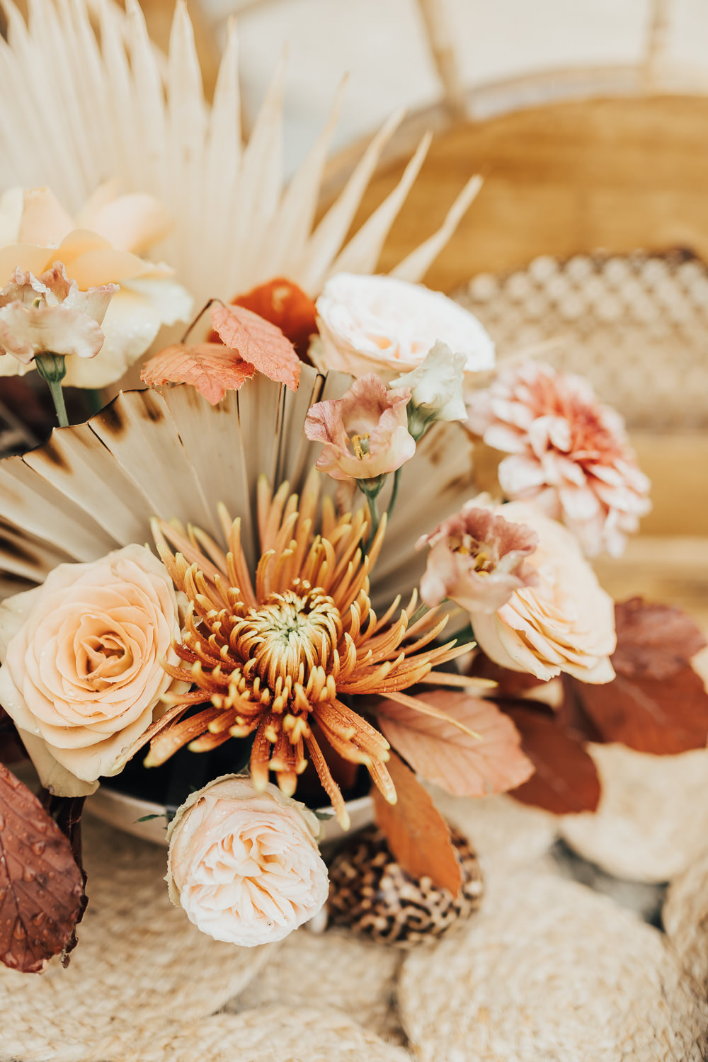 Flower Arrangement Orange Rose Palm Leaf Boho Beach Elopement Rebecca Carpenter Photography