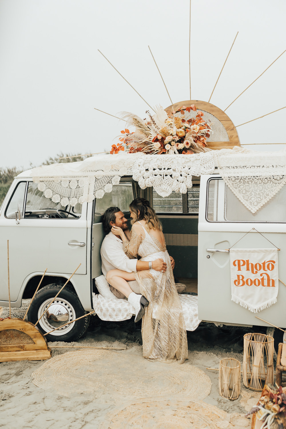 Photobooth Set Up Decor Boho Beach Elopement Rebecca Carpenter Photography