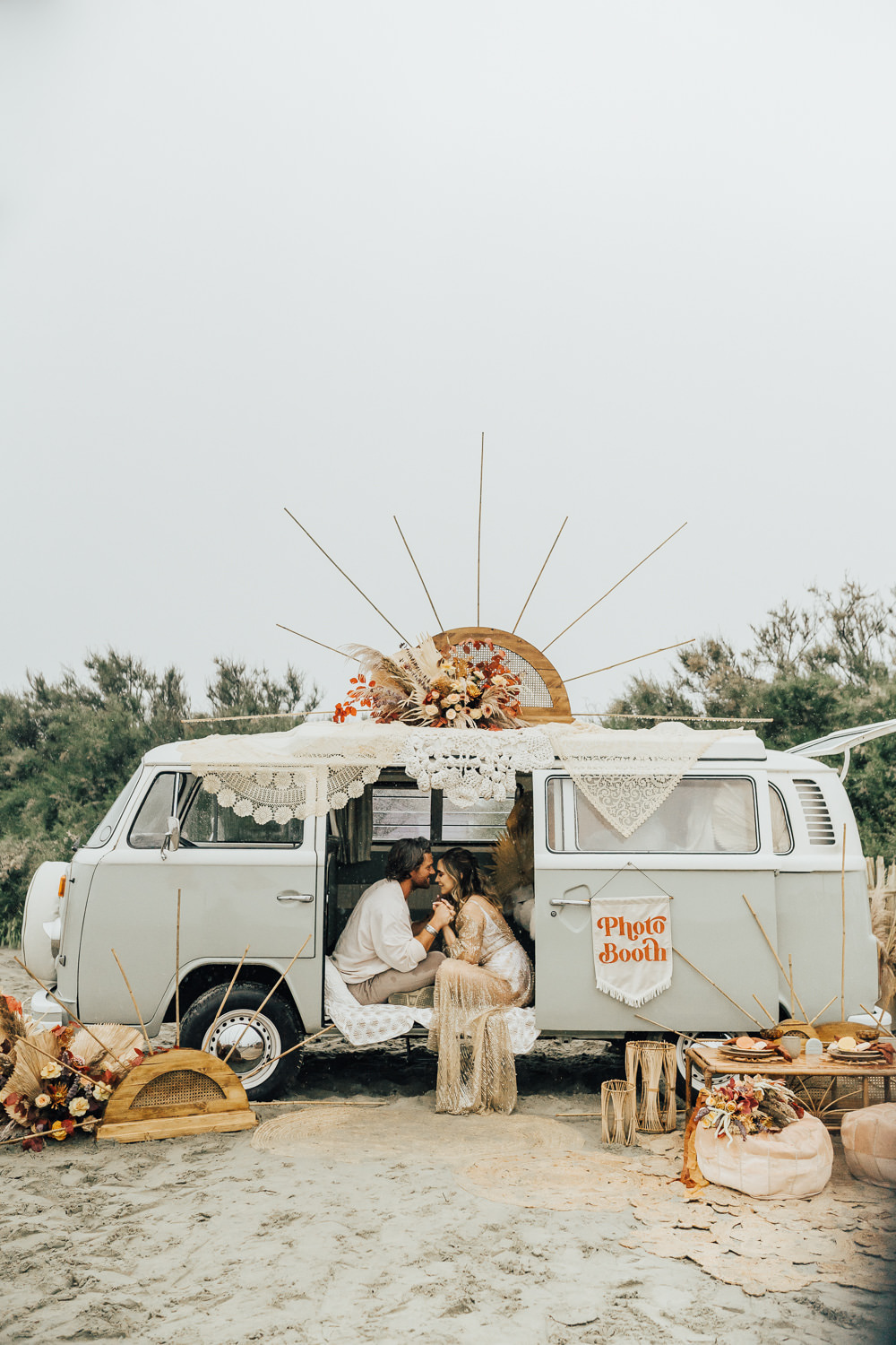 Photobooth Set Up Decor Boho Beach Elopement Rebecca Carpenter Photography