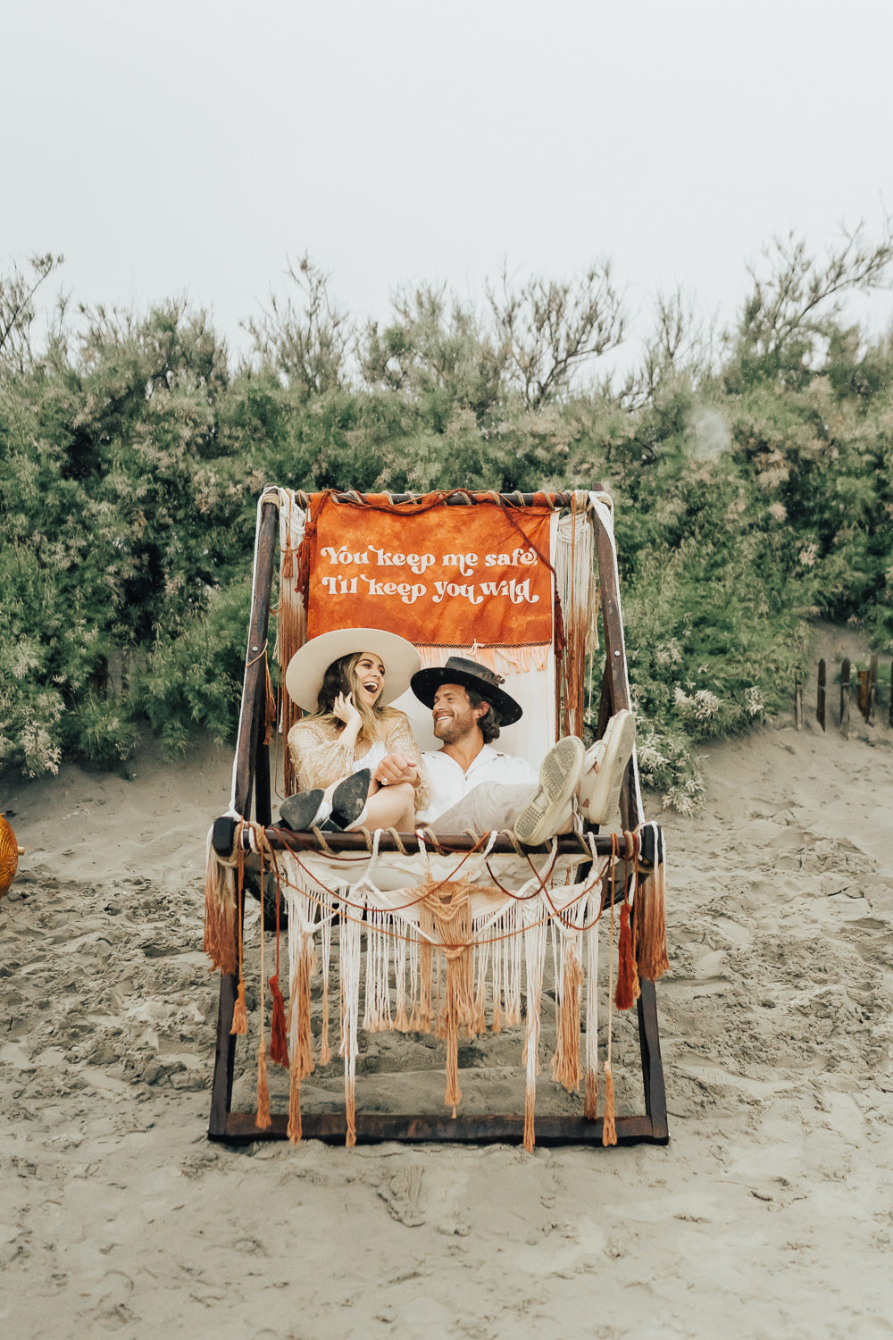 Giant Deckchair Banner Sign Tassels Boho Beach Elopement Rebecca Carpenter Photography