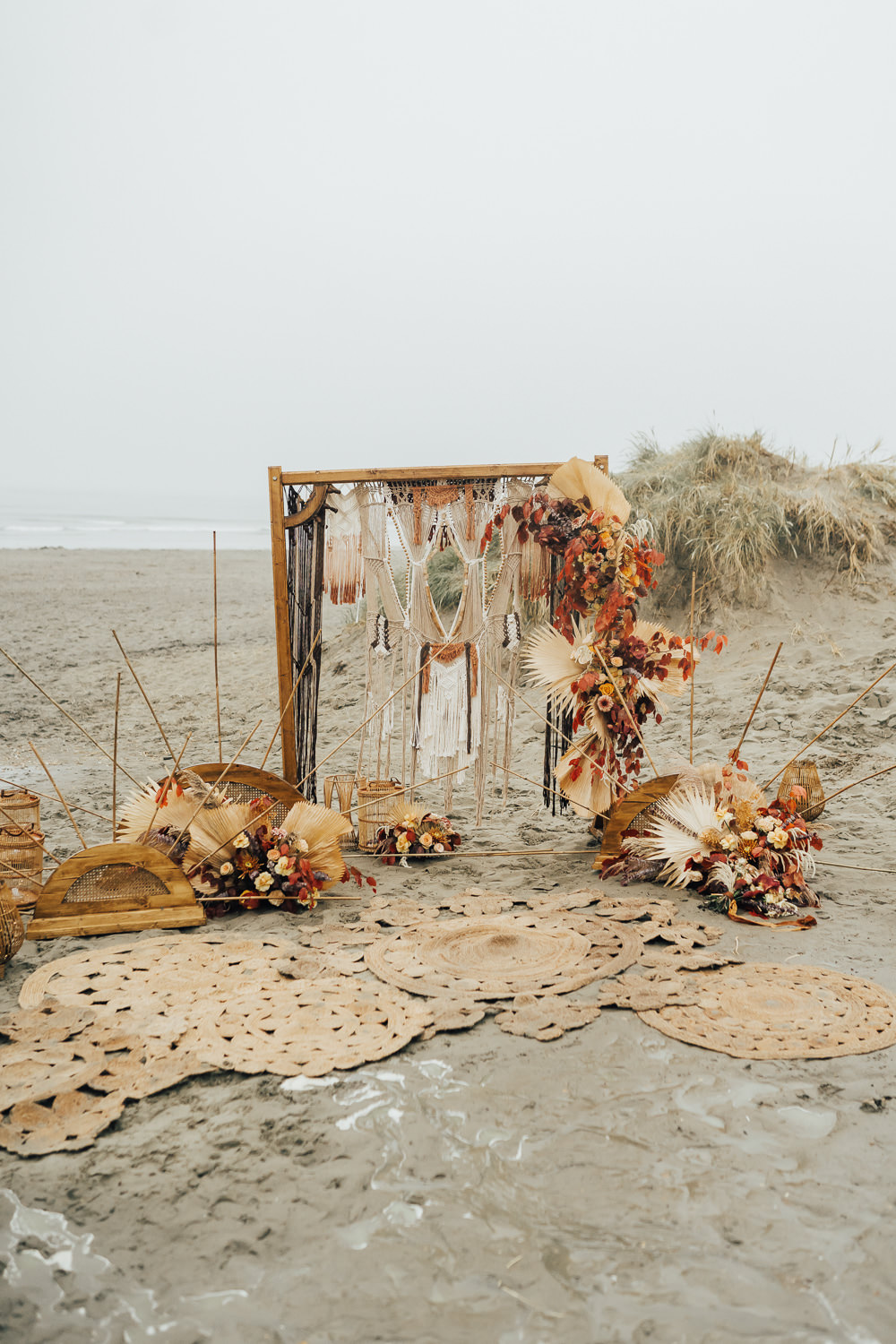 Flower Arch Flower Arrangement Orange Rose Palm Leaf Backdrop Boho Beach Elopement Rebecca Carpenter Photography
