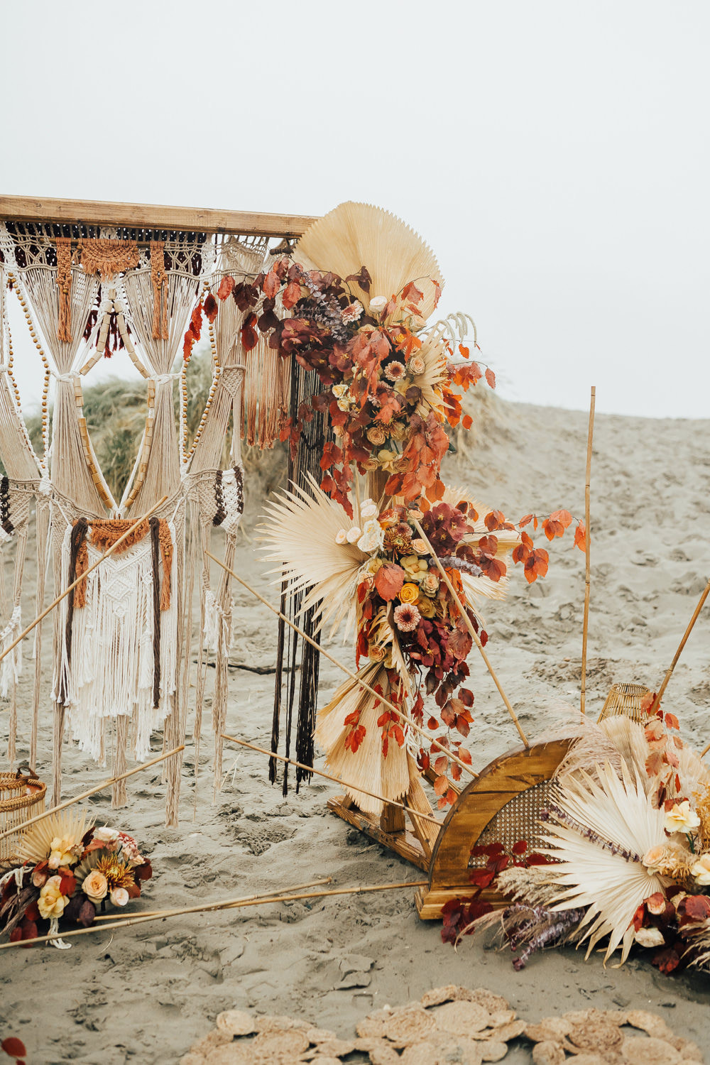 Flower Arch Flower Arrangement Orange Rose Palm Leaf Backdrop Boho Beach Elopement Rebecca Carpenter Photography