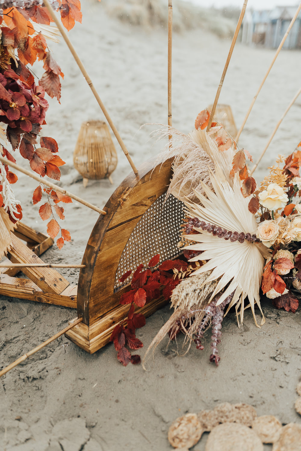 Flower Arrangement Orange Rose Palm Leaf Boho Beach Elopement Rebecca Carpenter Photography