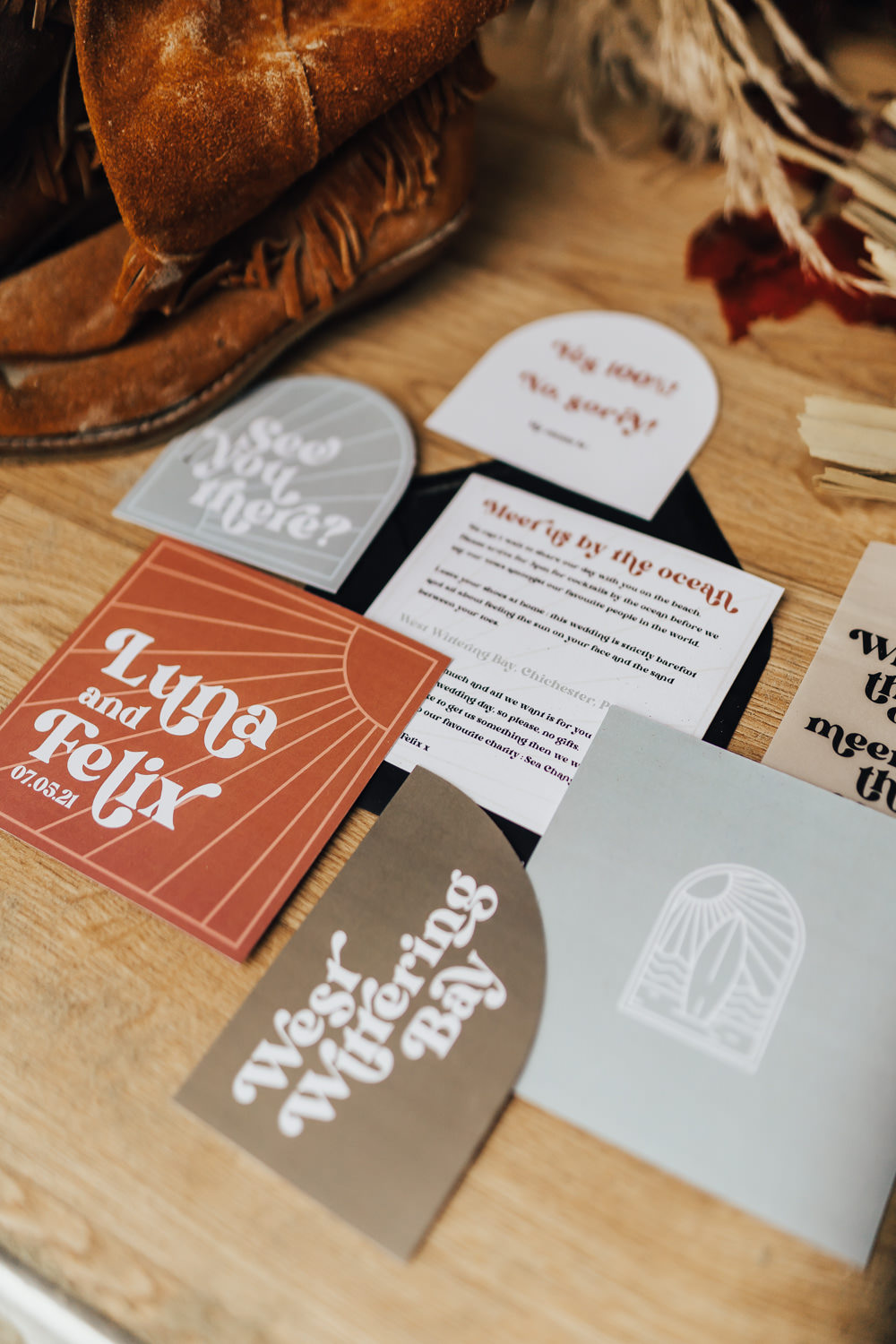 Stationery Invite Orange Grey Curve Modern Boho Beach Elopement Rebecca Carpenter Photography