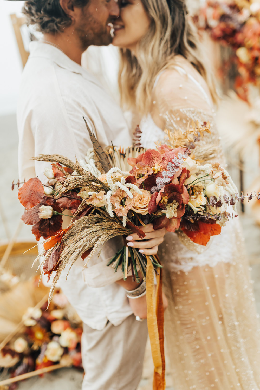 Bouquet Flowers Bride Bridal Orange Red Boho Beach Elopement Rebecca Carpenter Photography