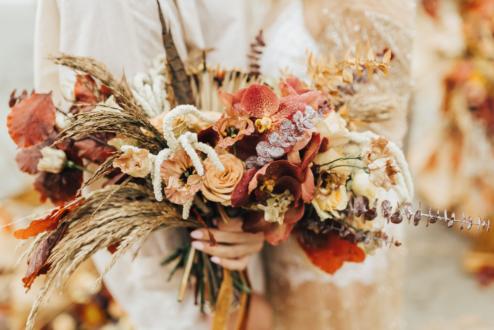 Bouquet Flowers Bride Bridal Orange Red Boho Beach Elopement Rebecca Carpenter Photography
