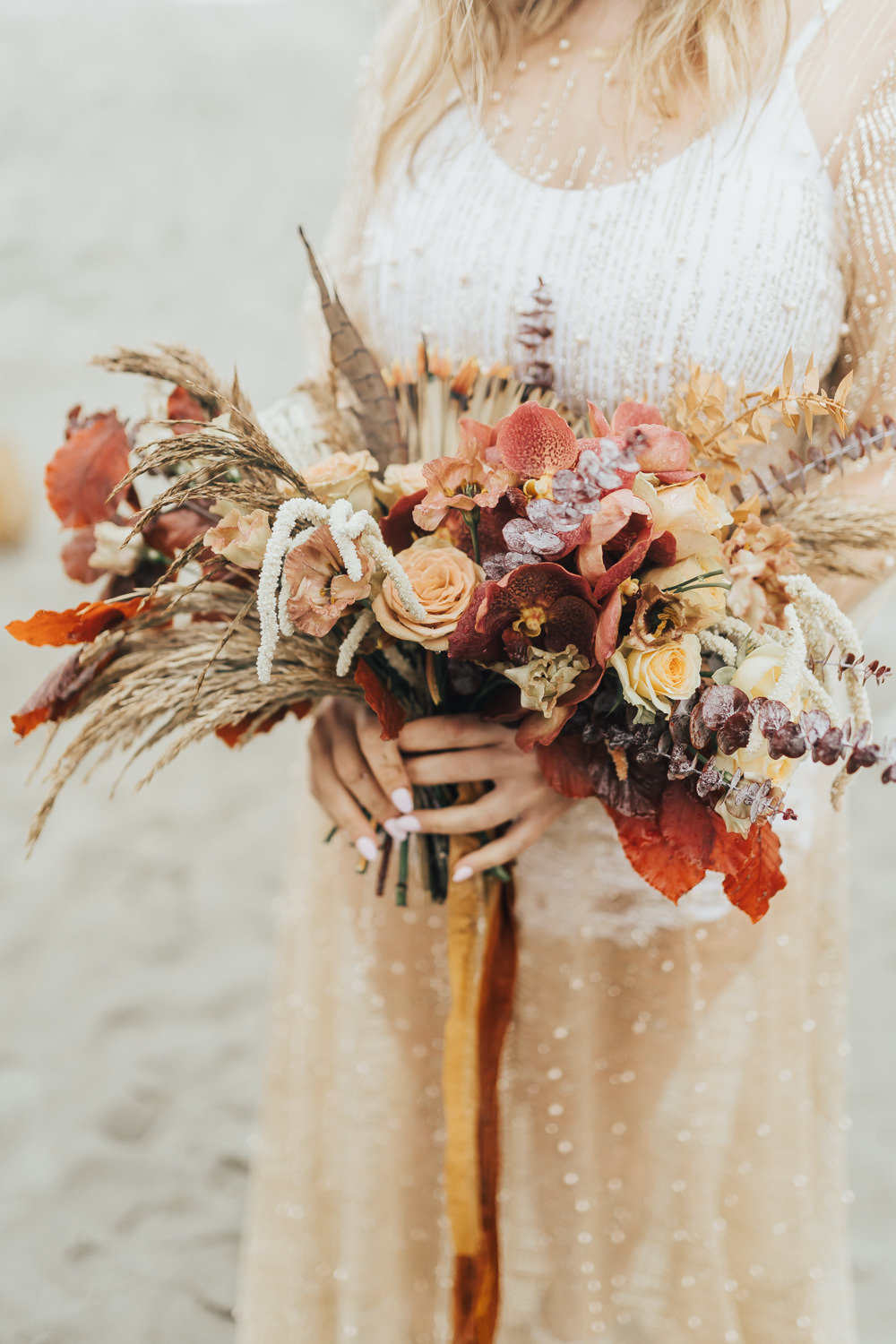 Bouquet Flowers Bride Bridal Orange Red Boho Beach Elopement Rebecca Carpenter Photography
