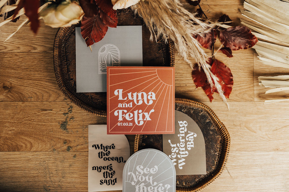 Stationery Invite Orange Grey Curve Modern Boho Beach Elopement Rebecca Carpenter Photography