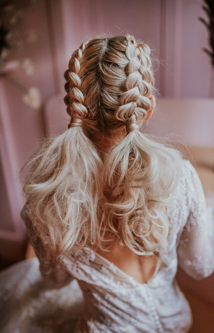 Bride Bridal Hair Style Up Do Pony Tail Plaits Braids Wedding Aurora Grey Photography