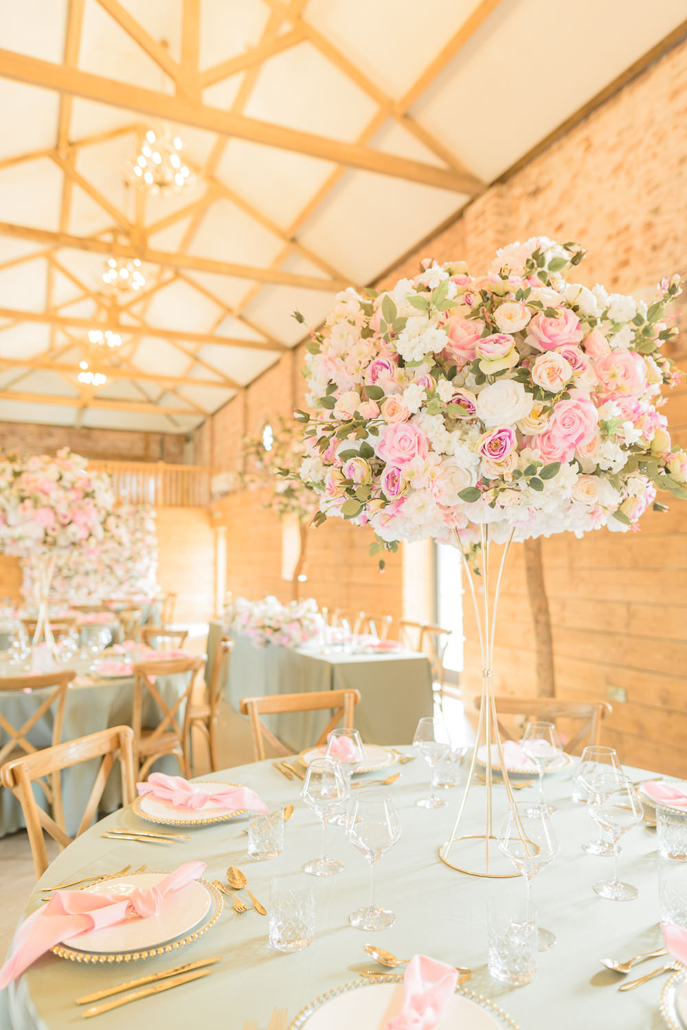 Pink Green Barn Decor Flowers Centrepieces Tall Burlton Manor Wedding Tanya Flannagan Photography