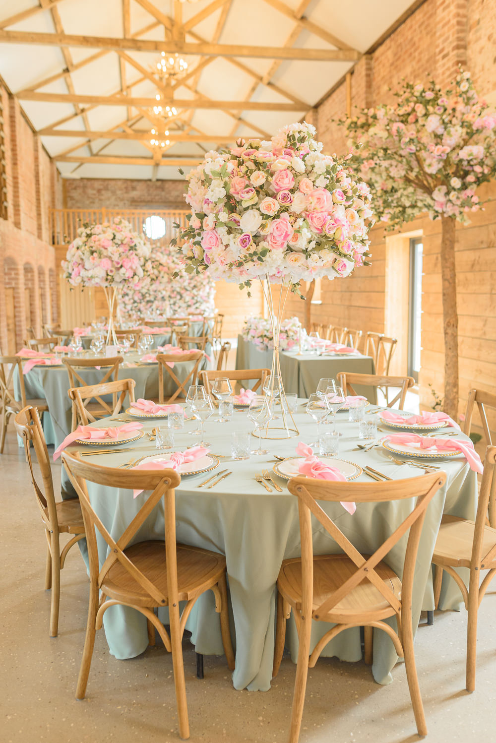 Pink Green Barn Decor Flowers Centrepieces Tall Burlton Manor Wedding Tanya Flannagan Photography