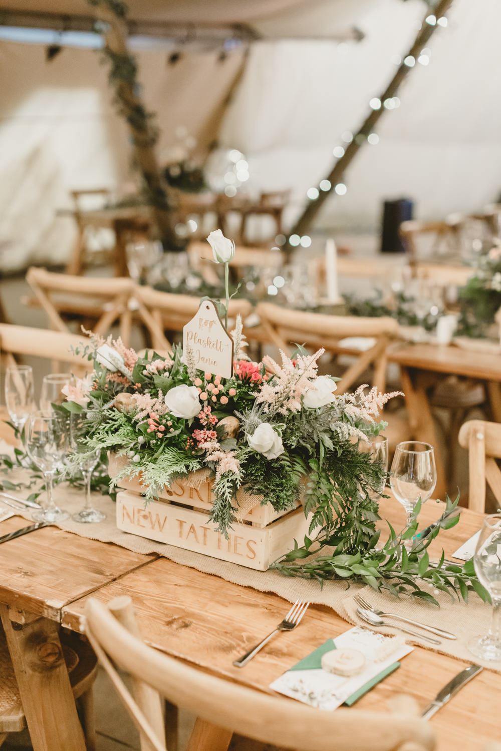 Wooden Box Centrepiece Flowers Rustic Castletown Woodland Weddings Wedding Amy Lou Photography