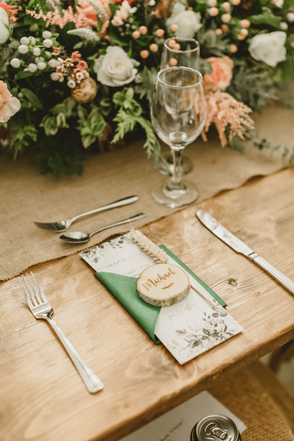 Place Setting Green Napkin Menu Wheat Heart Place Name Castletown Woodland Weddings Wedding Amy Lou Photography
