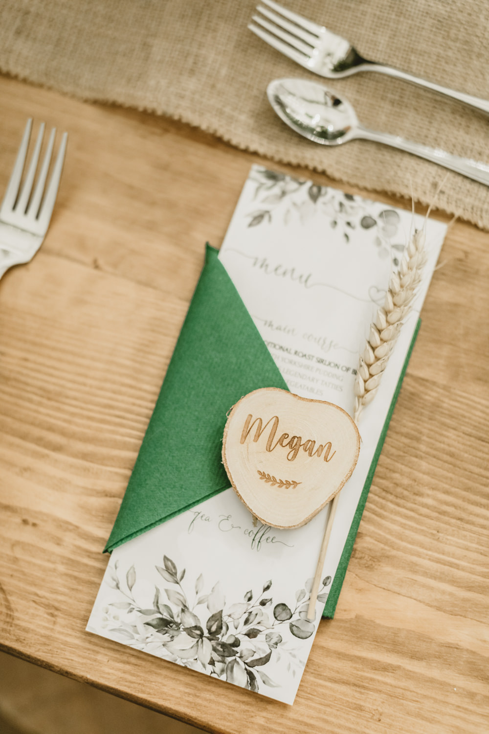 Place Setting Green Napkin Menu Wheat Heart Place Name Castletown Woodland Weddings Wedding Amy Lou Photography