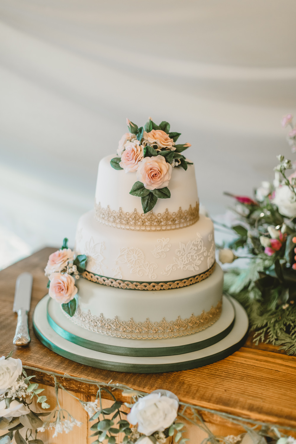 Iced Pattern Cake Ribbon Flowers Castletown Woodland Weddings Wedding Amy Lou Photography