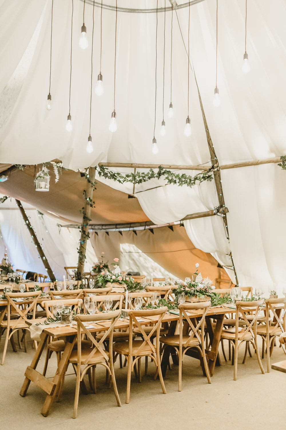 Tipi Festoon Lights Rustic Wooden table Castletown Woodland Weddings Wedding Amy Lou Photography