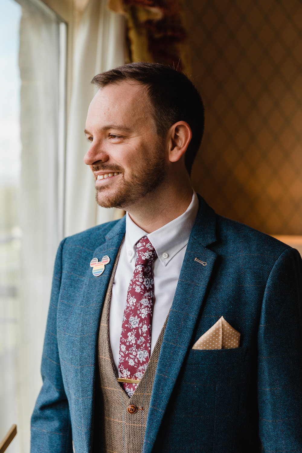 Groom Suit Navy Waistcoat Floral Tie Pin Badge Celtic Manor Resort Wedding Michelle Huggleston Photography