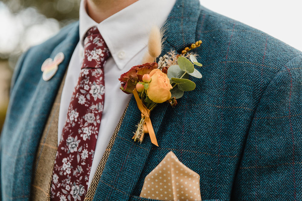 Groom Suit Navy Waistcoat Floral Tie Pin Badge Buttonhole Celtic Manor Resort Wedding Michelle Huggleston Photography