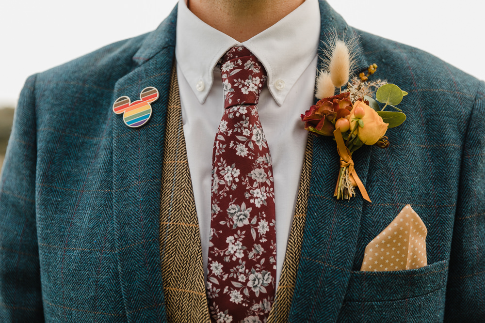 Groom Suit Navy Waistcoat Floral Tie Pin Badge Buttonhole Celtic Manor Resort Wedding Michelle Huggleston Photography