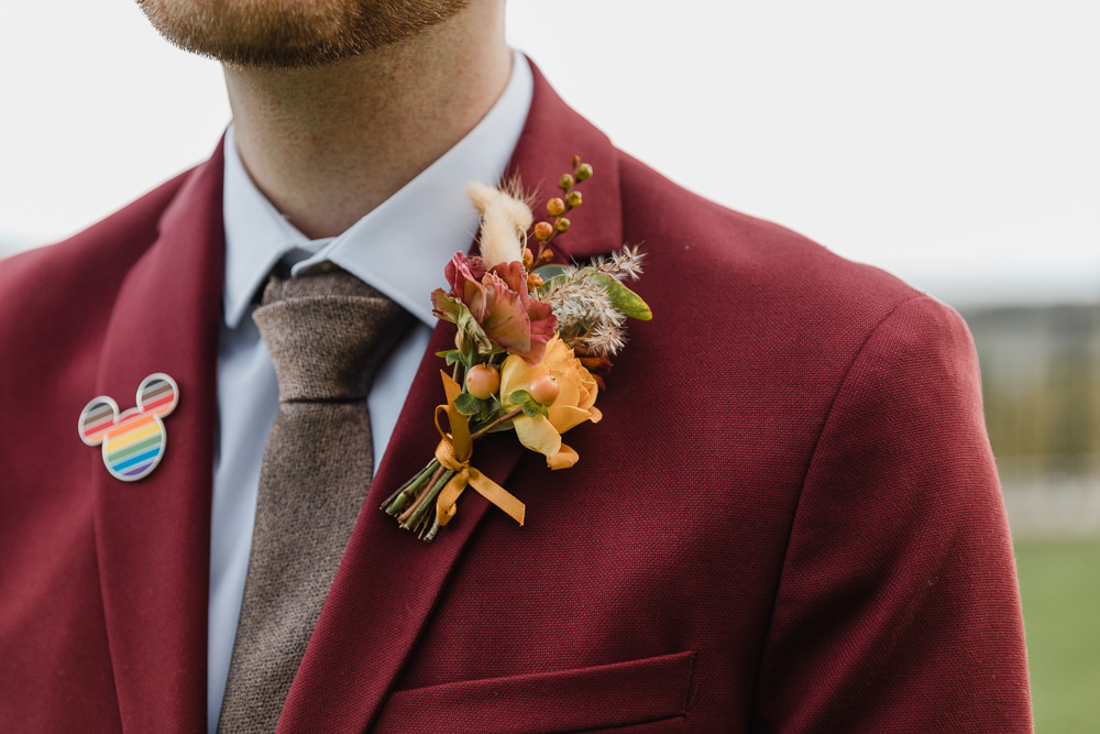 Groom Suit Red Burgundy Tie Pin Badge Buttonhole Celtic Manor Resort Wedding Michelle Huggleston Photography