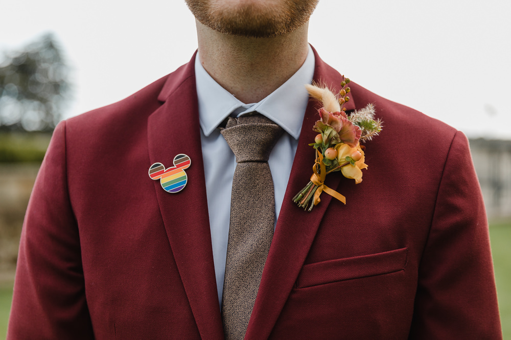 Groom Suit Red Burgundy Tie Pin Badge Buttonhole Celtic Manor Resort Wedding Michelle Huggleston Photography