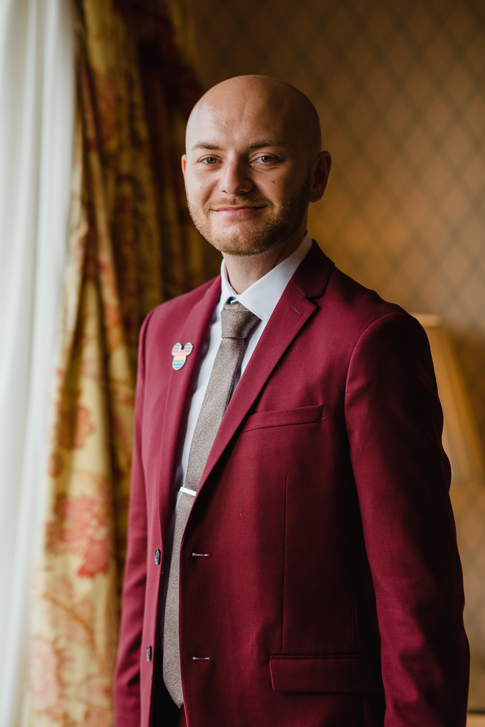 Groom Suit Red Burgundy Tie Pin Badge Celtic Manor Resort Wedding Michelle Huggleston Photography