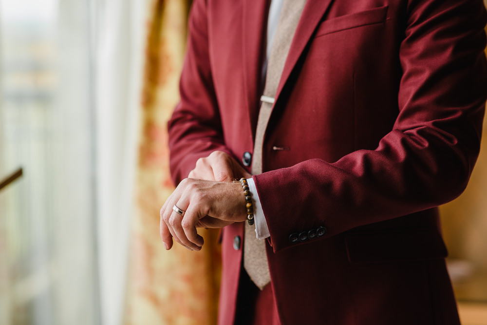 Groom Suit Red Burgundy Tie Pin Badge Celtic Manor Resort Wedding Michelle Huggleston Photography
