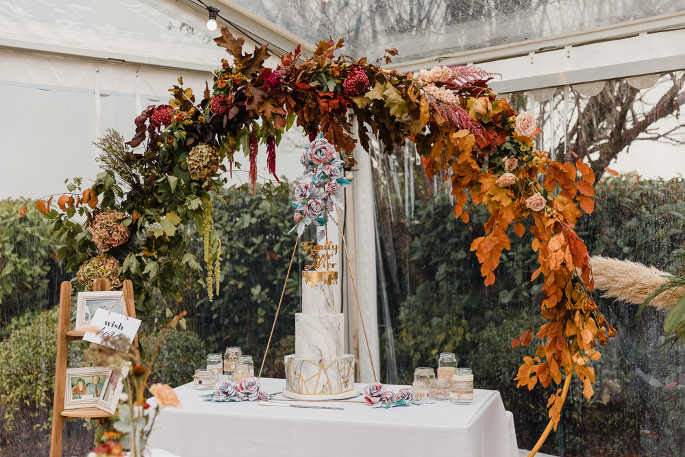 Flower Hoop Backdrop Cake Table Celtic Manor Resort Wedding Michelle Huggleston Photography