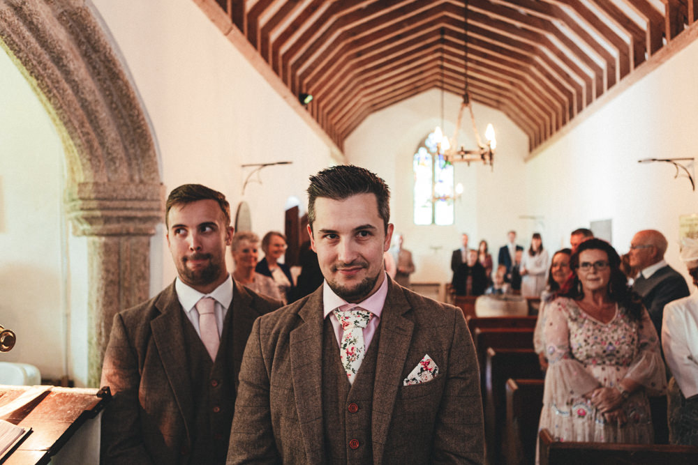 Groom Brown Tweed Suit Floral Tie Cornish Tipi Wedding Emma Stoner