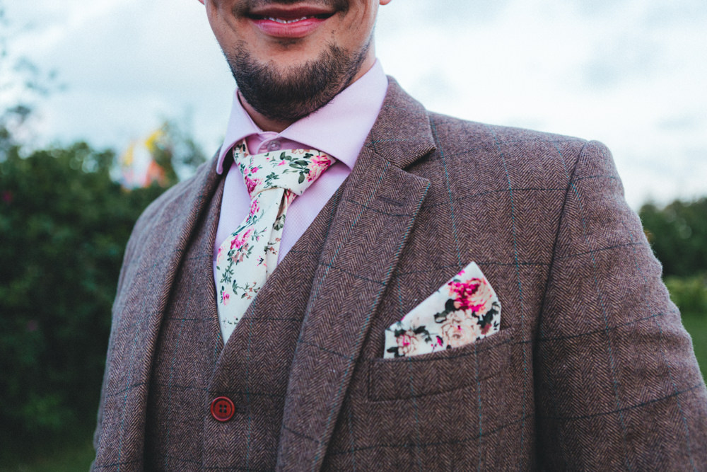 Groom Brown Tweed Suit Floral Tie Cornish Tipi Wedding Emma Stoner