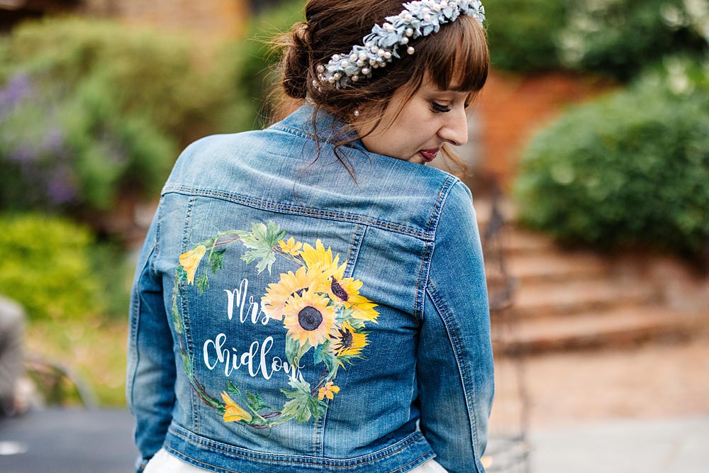 Painted Denim Jacket Sunflowers Bride Bridal Dodmoor House Wedding Two D Photography