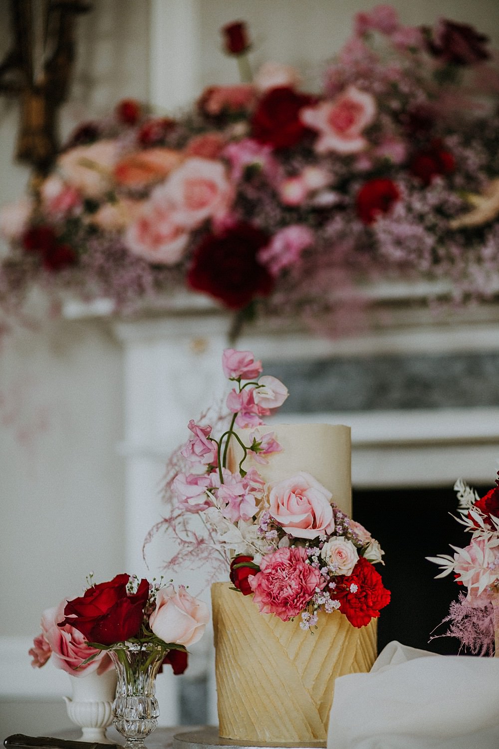 Cake Gold Pink Red Rose Semi Naked Layer Hale Park Wedding Lola Rose Photography