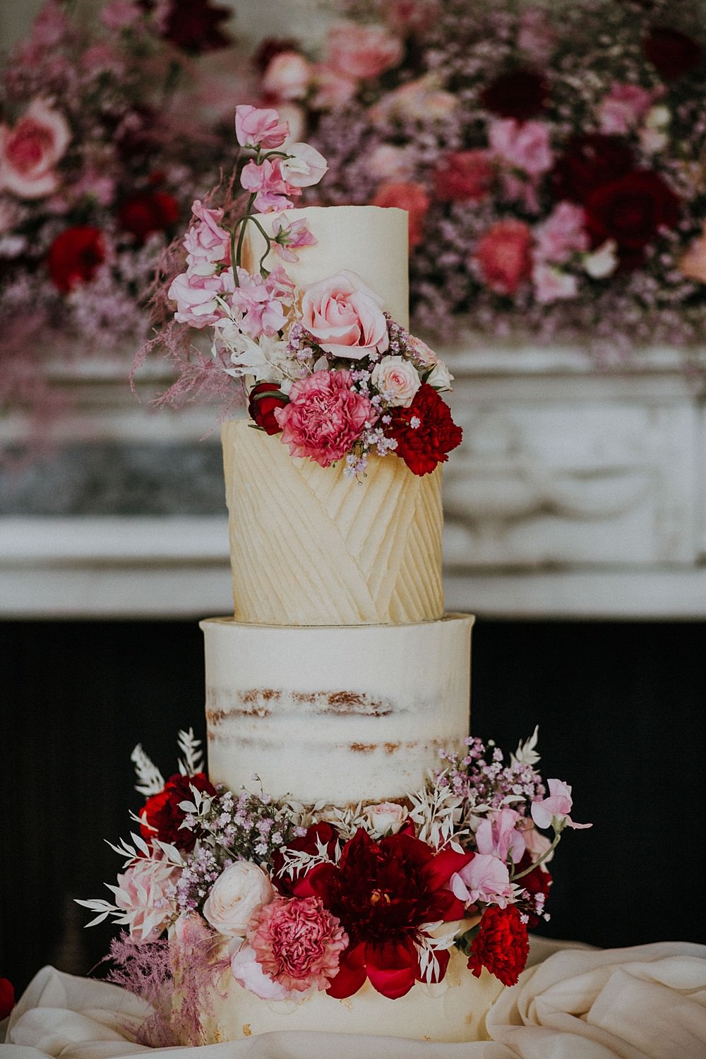 Cake Gold Pink Red Rose Semi Naked Layer Hale Park Wedding Lola Rose Photography