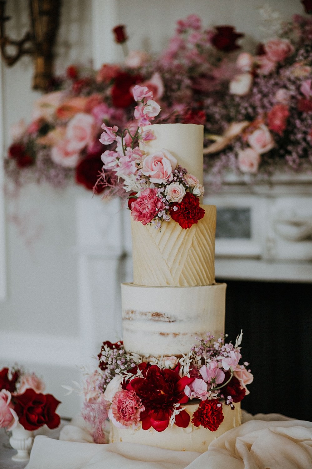 Cake Gold Pink Red Rose Semi Naked Layer Hale Park Wedding Lola Rose Photography