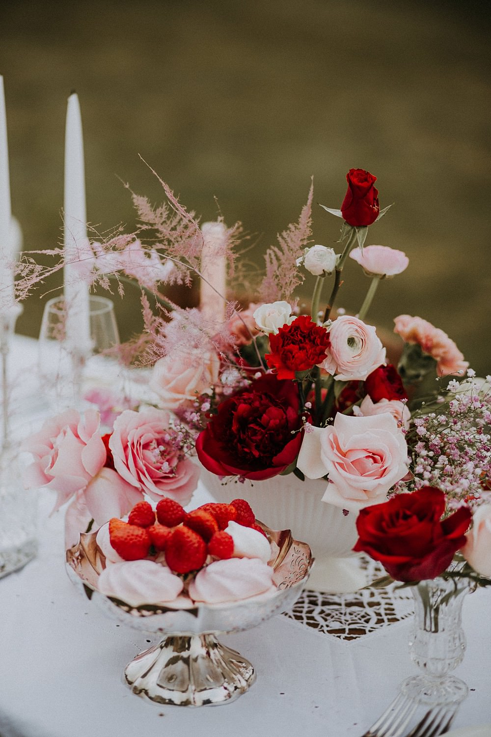 Pink Red Table Flowers Decor Hale Park Wedding Lola Rose Photography