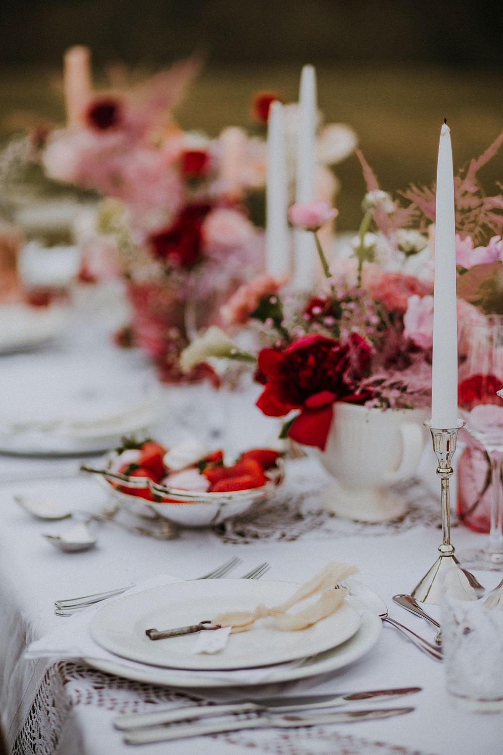 Pink Red Table Flowers Decor Hale Park Wedding Lola Rose Photography