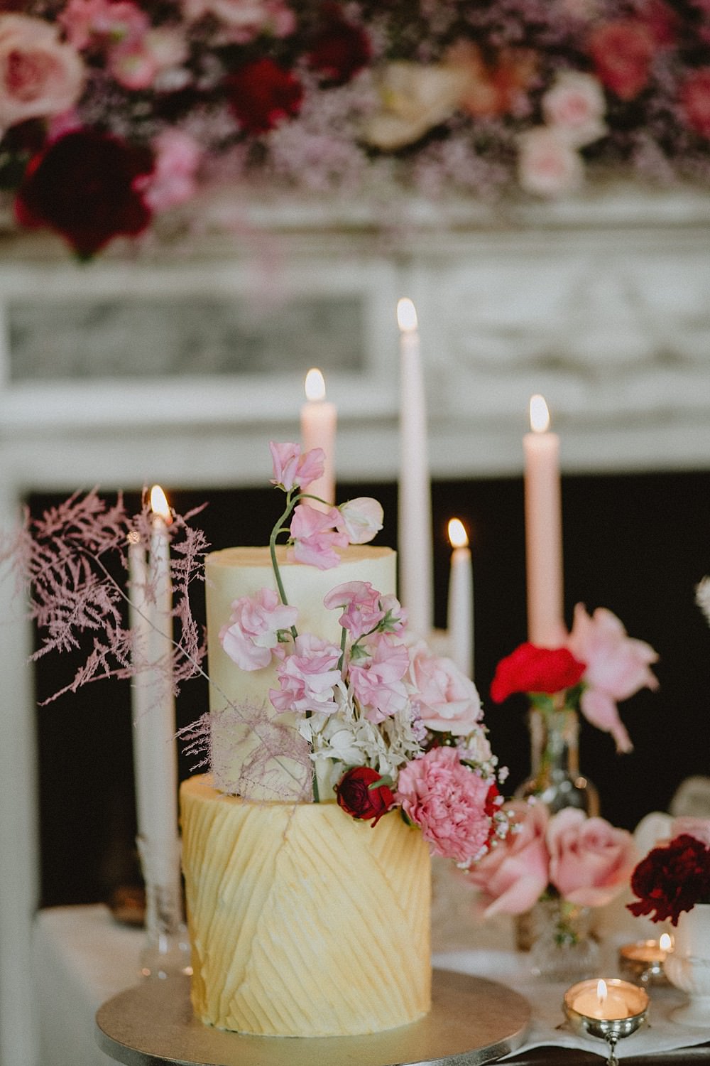 Cake Gold Pink Red Rose Semi Naked Layer Hale Park Wedding Lola Rose Photography