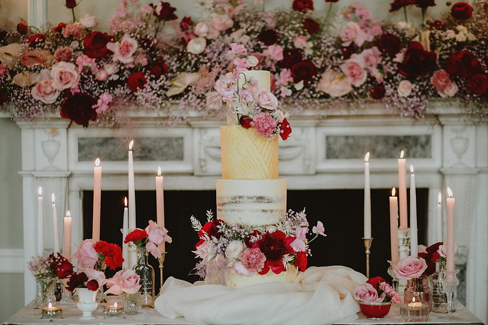 Cake Gold Pink Red Rose Semi Naked Layer Hale Park Wedding Lola Rose Photography