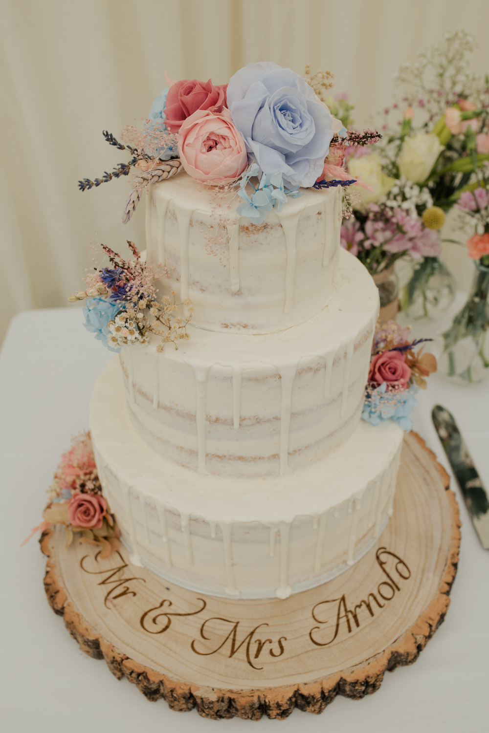 Semi Naked Drip Cake Flowers Log Stand High House Weddings Wedding Kerry Ann Duffy Photography