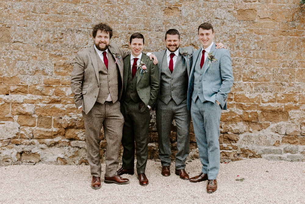 Groom Tweed Suit Red Tie Groomsmen Laurel Farm Wedding Caroline Opacic Photography