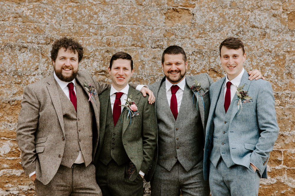 Groom Tweed Suit Red Tie Groomsmen Laurel Farm Wedding Caroline Opacic Photography